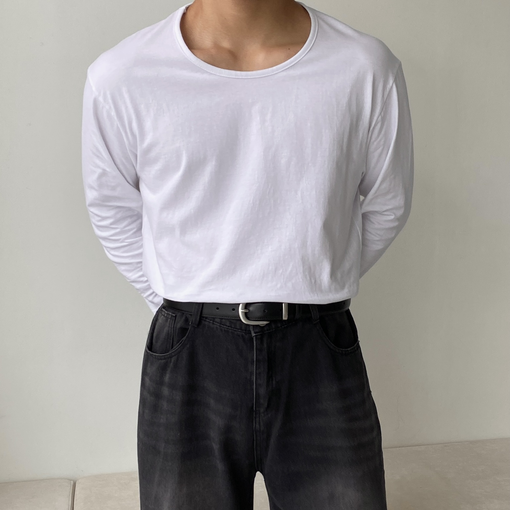 1+1 남자롱슬리브 남자흰티 남성롱슬리브 흰색면티 쭉티 목안늘어나는티 - 상세 이미지 2