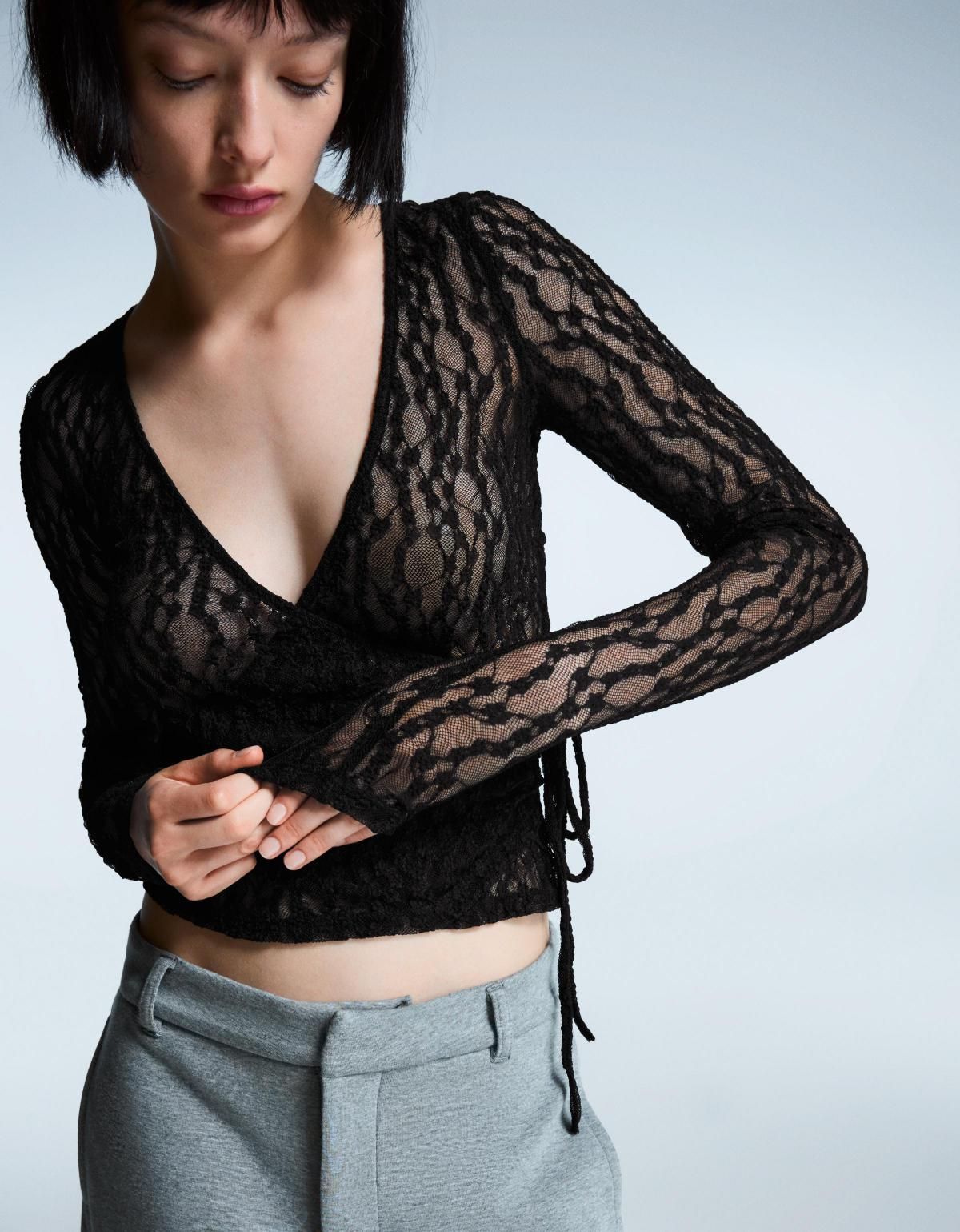 버쉬카 시스루 레이스 브이넥 매듭 블랙 긴팔 티셔츠 7654/360 BLACK - 상세 이미지 5