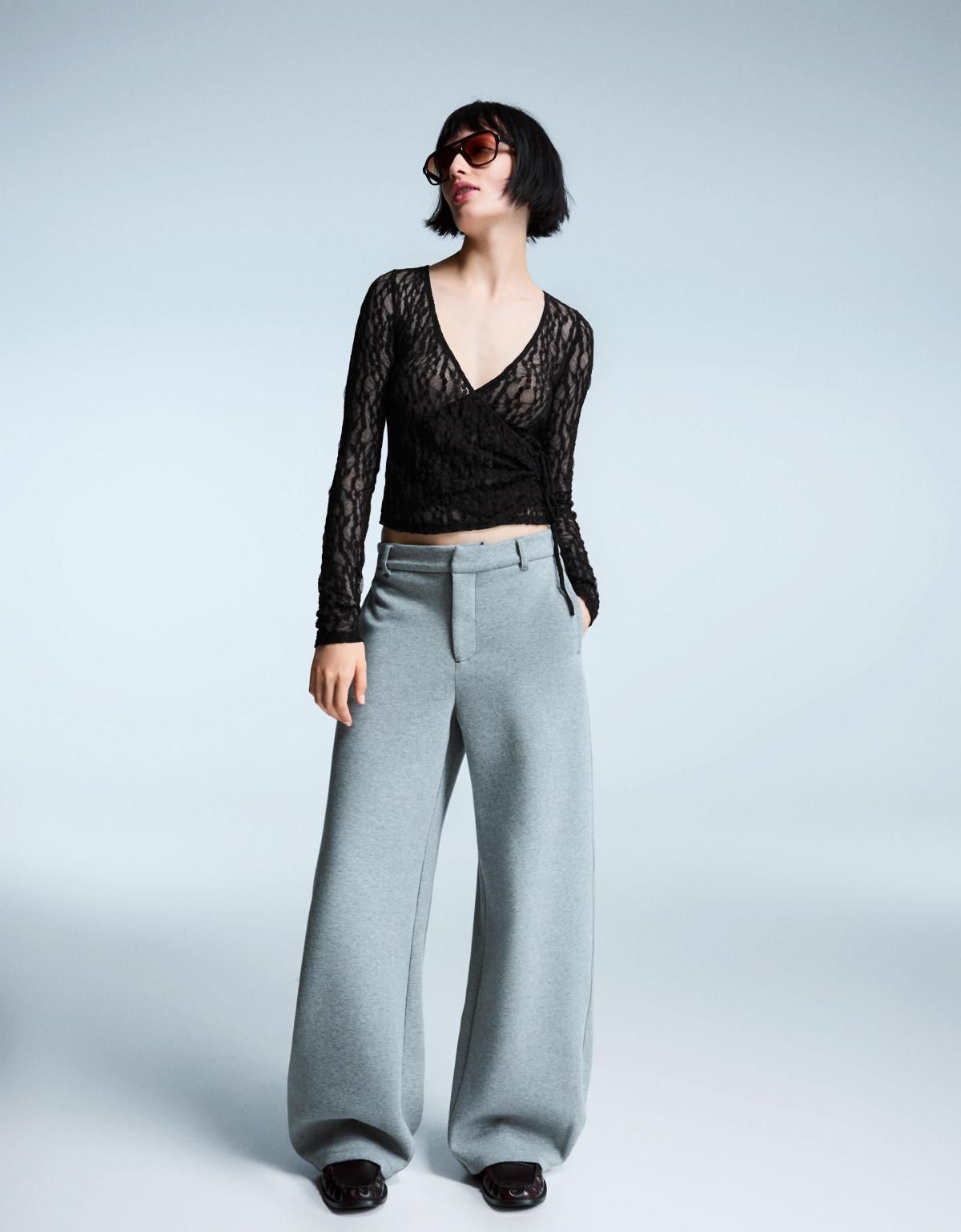 버쉬카 시스루 레이스 브이넥 매듭 블랙 긴팔 티셔츠 7654/360 BLACK - 상세 이미지 4