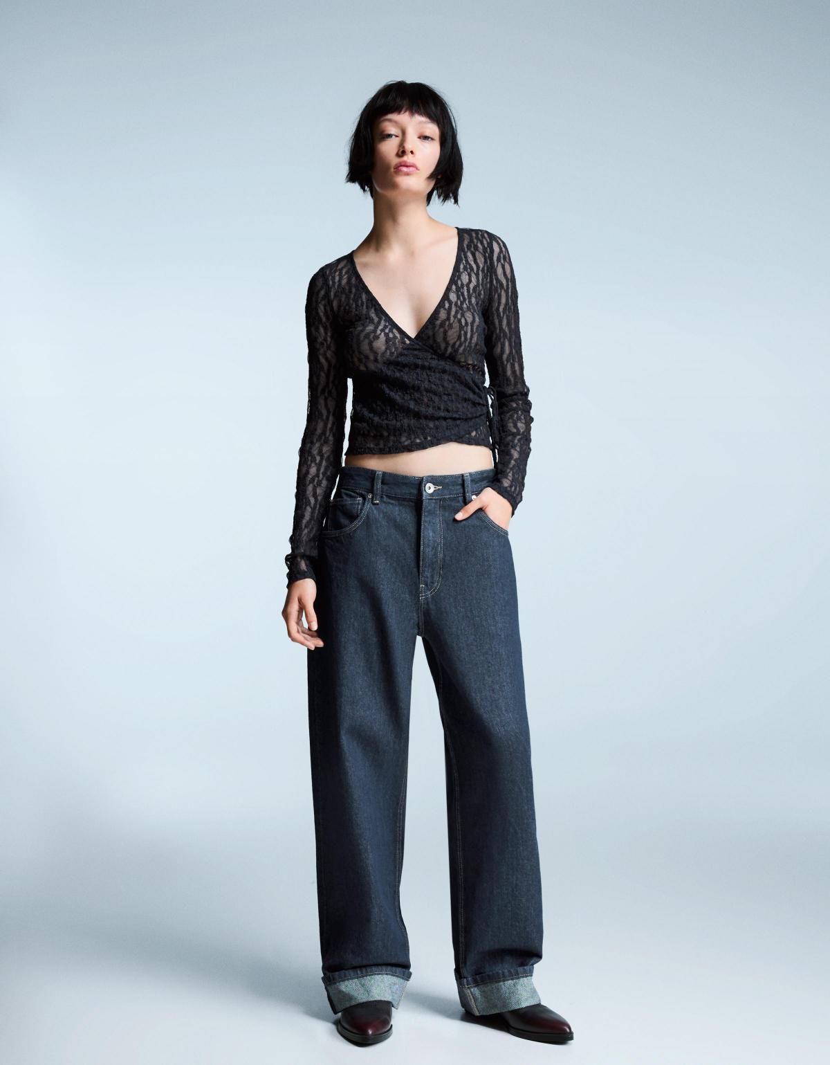 버쉬카 레이스 시스루 매듭 크롭 긴팔 티셔츠 7654/360 NAVY 이미지 6