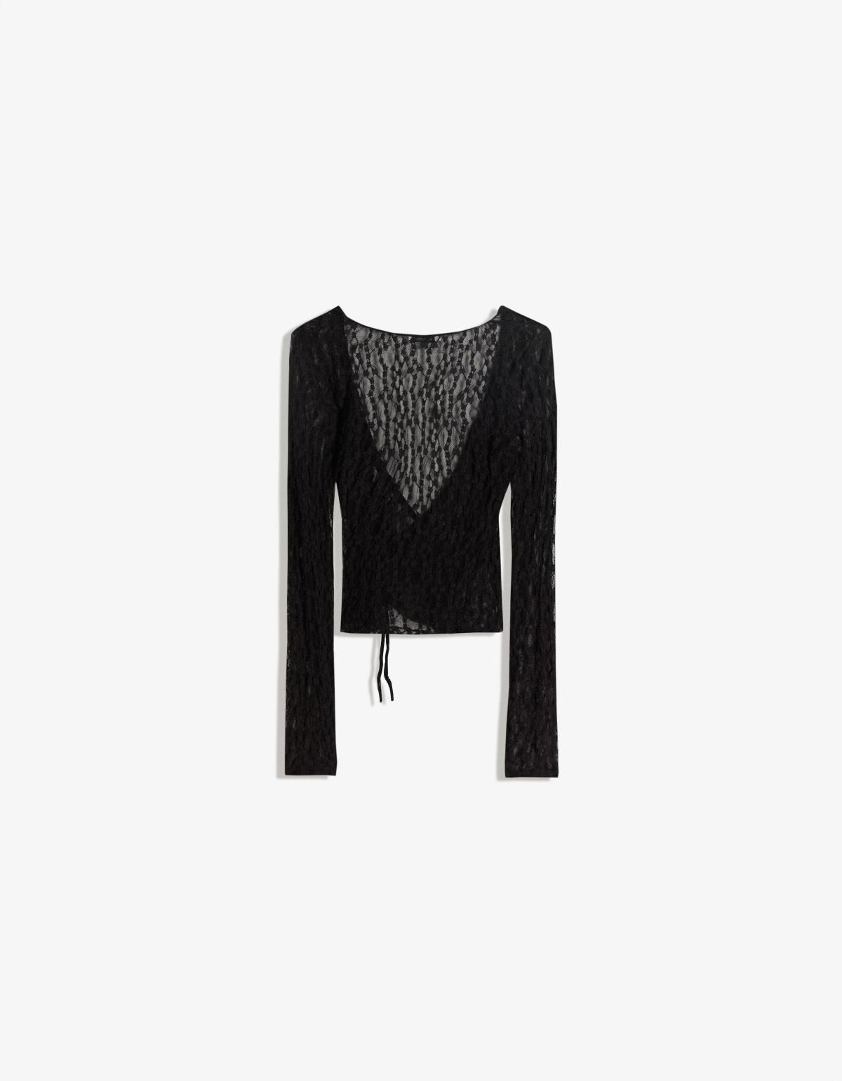 버쉬카 시스루 레이스 브이넥 매듭 블랙 긴팔 티셔츠 7654/360 BLACK - 메인 이미지