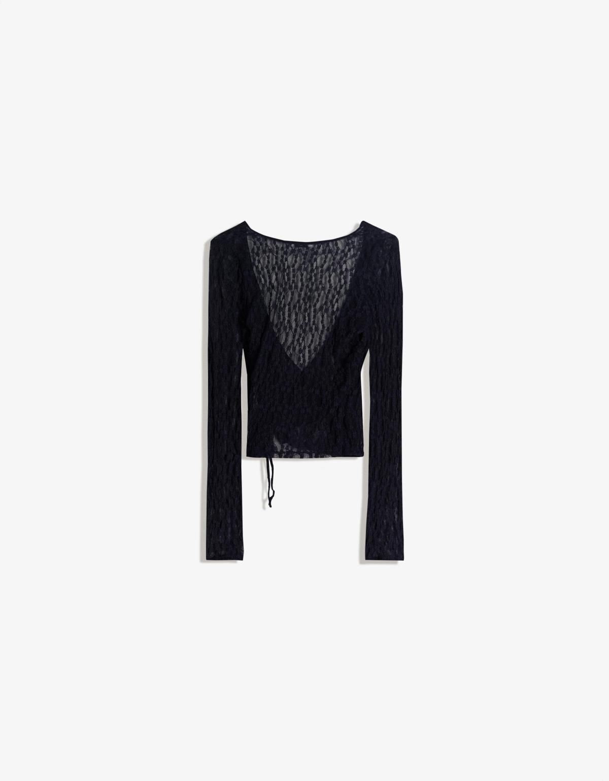 버쉬카 레이스 시스루 매듭 크롭 긴팔 티셔츠 7654/360 NAVY - 상세 이미지 3