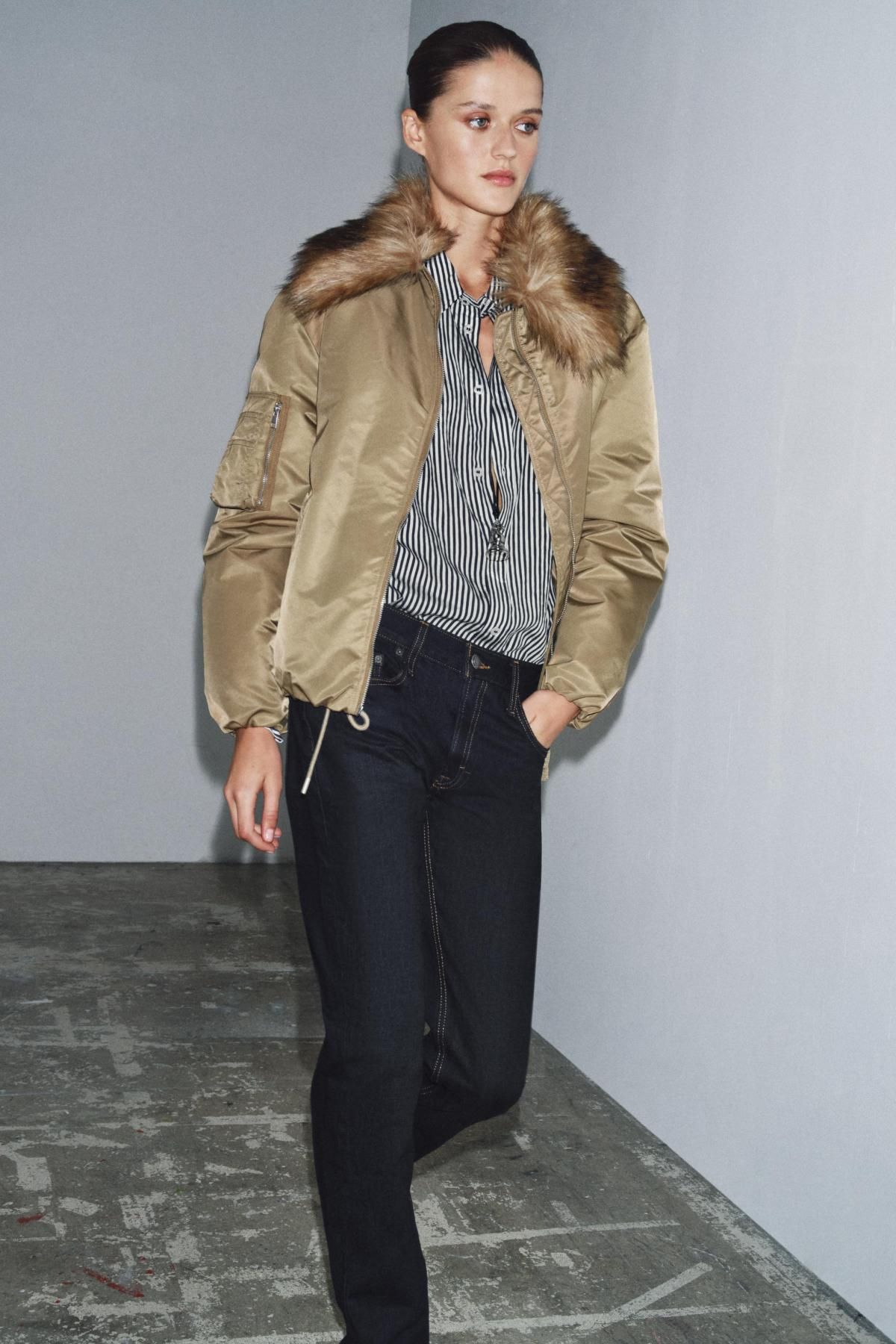 자라 테크니컬 페이크 퍼 카라 봄버 재킷 3918/240 OLIVE GREEN - 상세 이미지 2