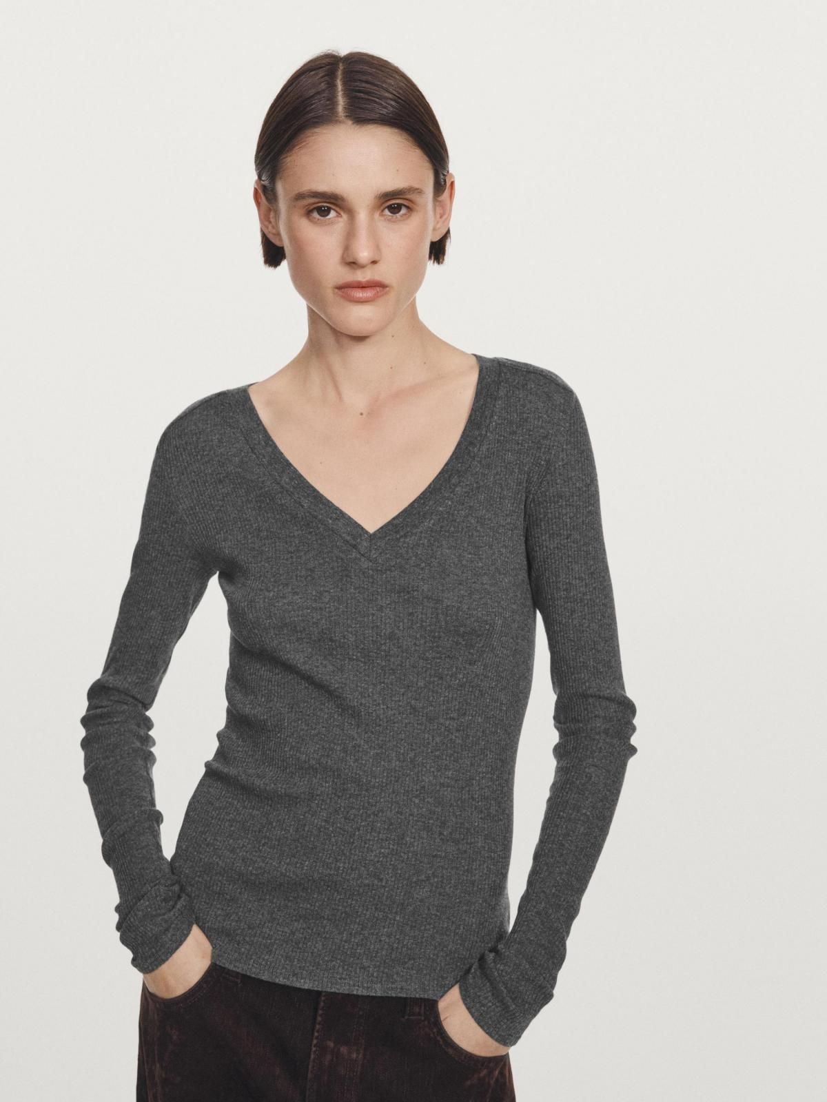 마시모두띠 슬림핏 브이넥 골지 긴팔 티셔츠 6847/102 ANTHRACITE GREY - 상세 이미지 3