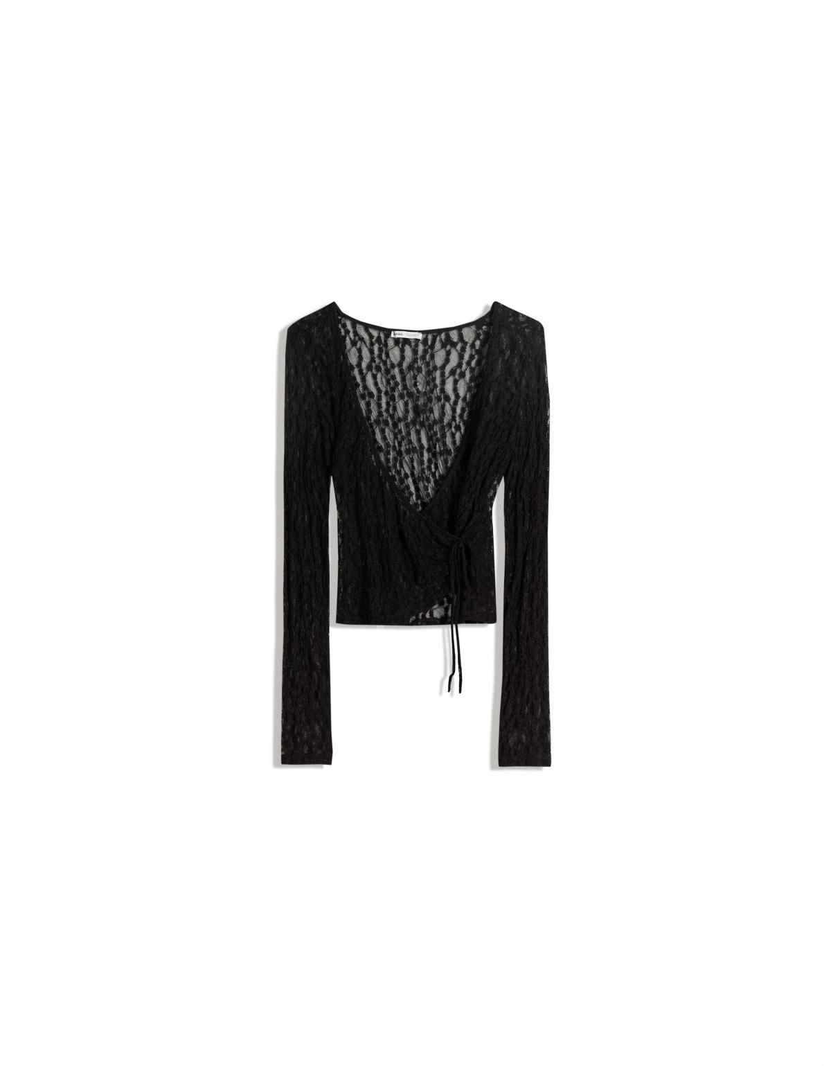 버쉬카 시스루 레이스 브이넥 매듭 블랙 긴팔 티셔츠 7654/360 BLACK - 상세 이미지 3