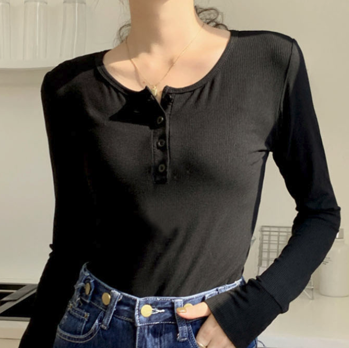 여성 기본핏 라운드넥 단추긴팔티 긴팔이너티 - 상품 이미지