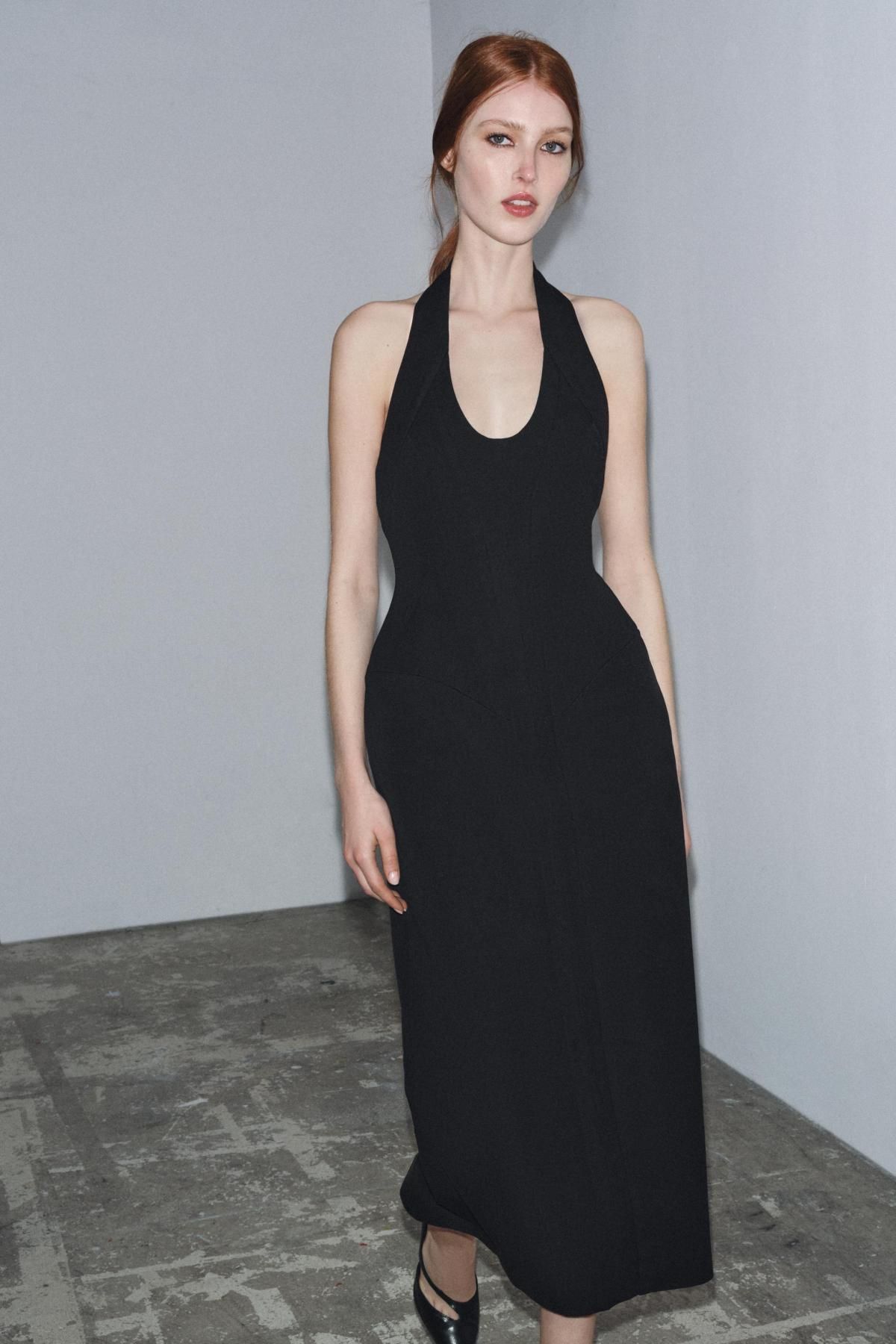 자라 프리미엄 홀터넥 백오픈 코튼 블랙 롱 원피스 9135/972 BLACK - 상세 이미지 2