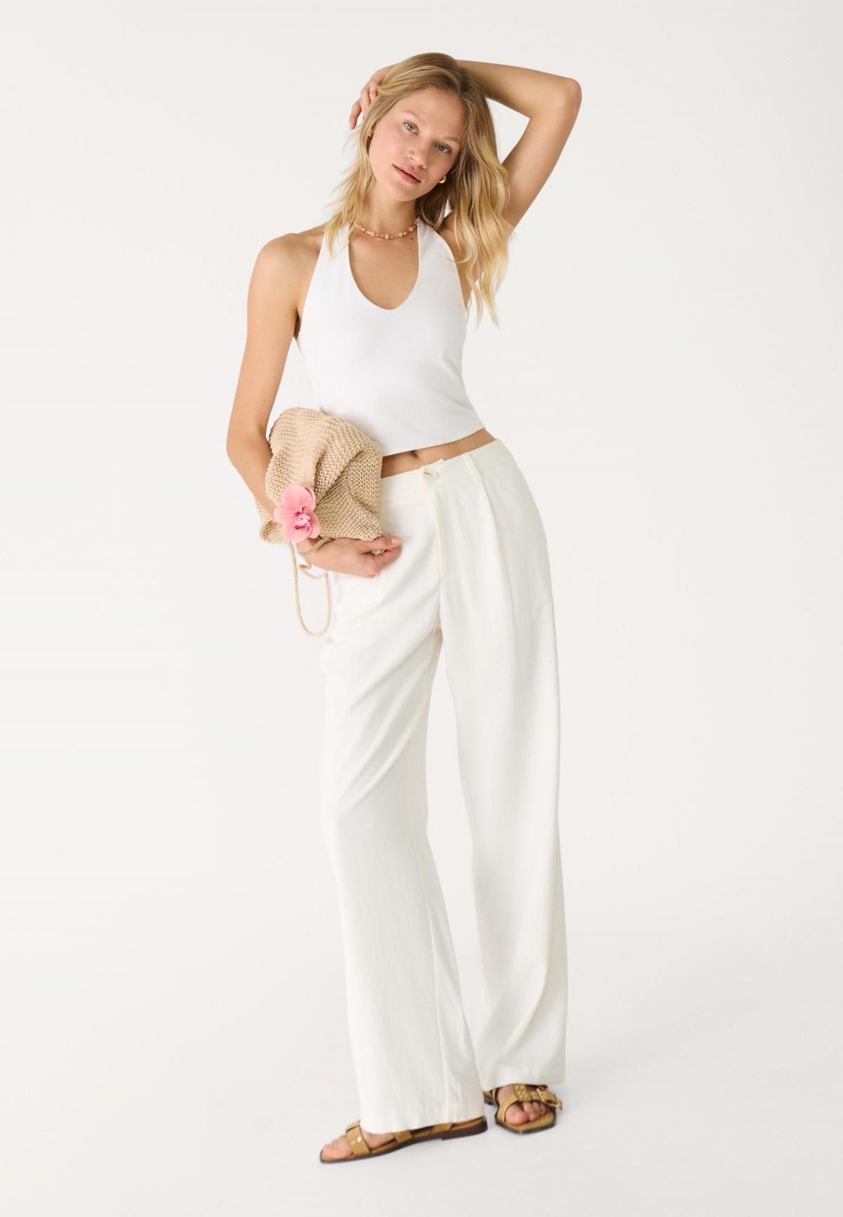 스트라디바리우스 하이라이즈 린넨 혼방 와이드 스트레이트 팬츠 8253/325 ECRU - 상세 이미지 3