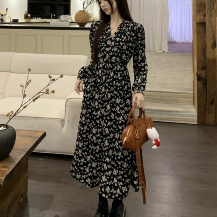 랩스타일 원피스 브이넥 플라워 A라인원피스 하객원피스 - 상품 이미지