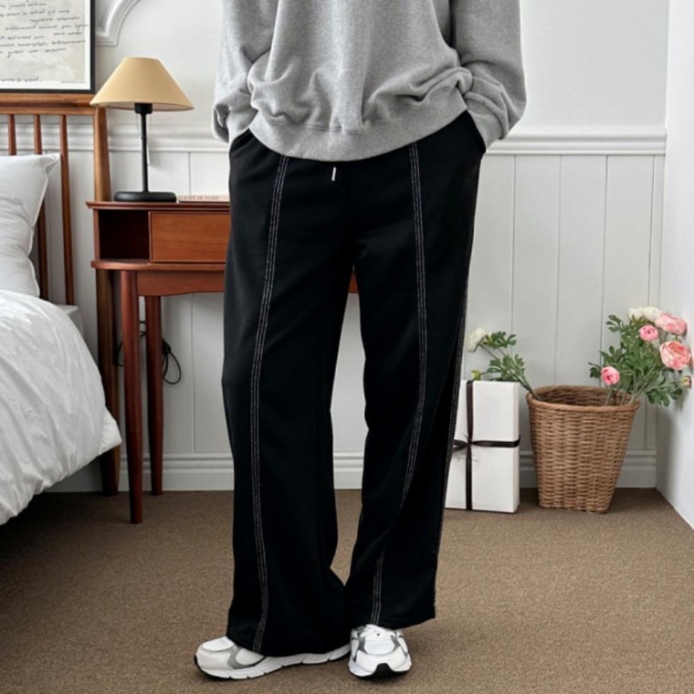 팬츠 밴딩 여성 와이드 힙한 추리닝 캐주얼 스티치 - 상품 이미지