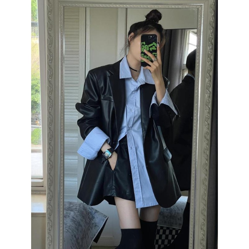 가을 여성 블랙 PU 레더 블레이저 싱글 자켓 - 상품 이미지