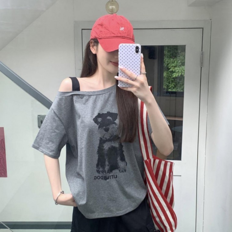 오프숄더 언발 밴딩티셔츠 여성 루즈핏 반팔 티셔츠 - 상품 이미지