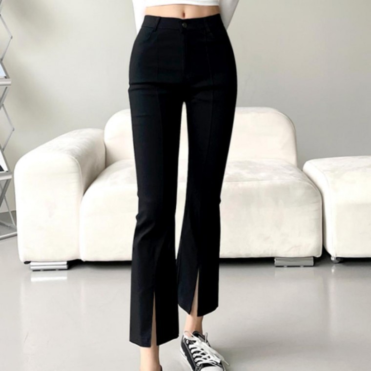 부츠컷 스판 메소니 앞트임 팬츠 허리밴딩 슬랙스 - 상품 이미지