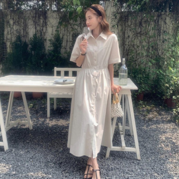 롱 원피스 카라 밴딩 플레어 셔츠 여성 롱원피스 - 상품 이미지