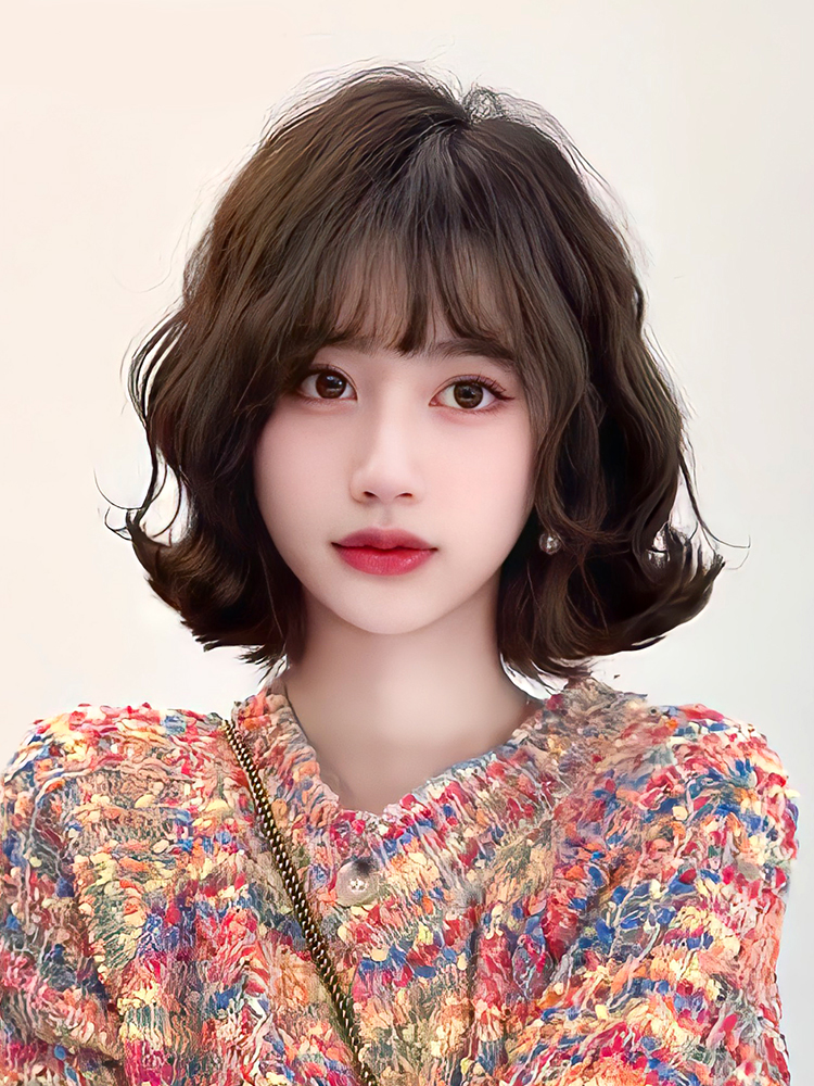 여성 숏 짧은 곱슬 펌 인모혼합 웨이브 가발 항암가발 35cm 내추럴 컬러 - 상품 이미지