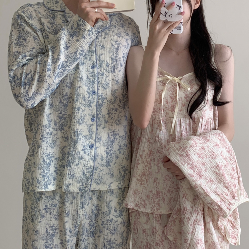 신혼부부커플잠옷 요루면잠옷 파자마파티 뜨왈 3피스 나시 홈웨어 세트 - 상품 이미지