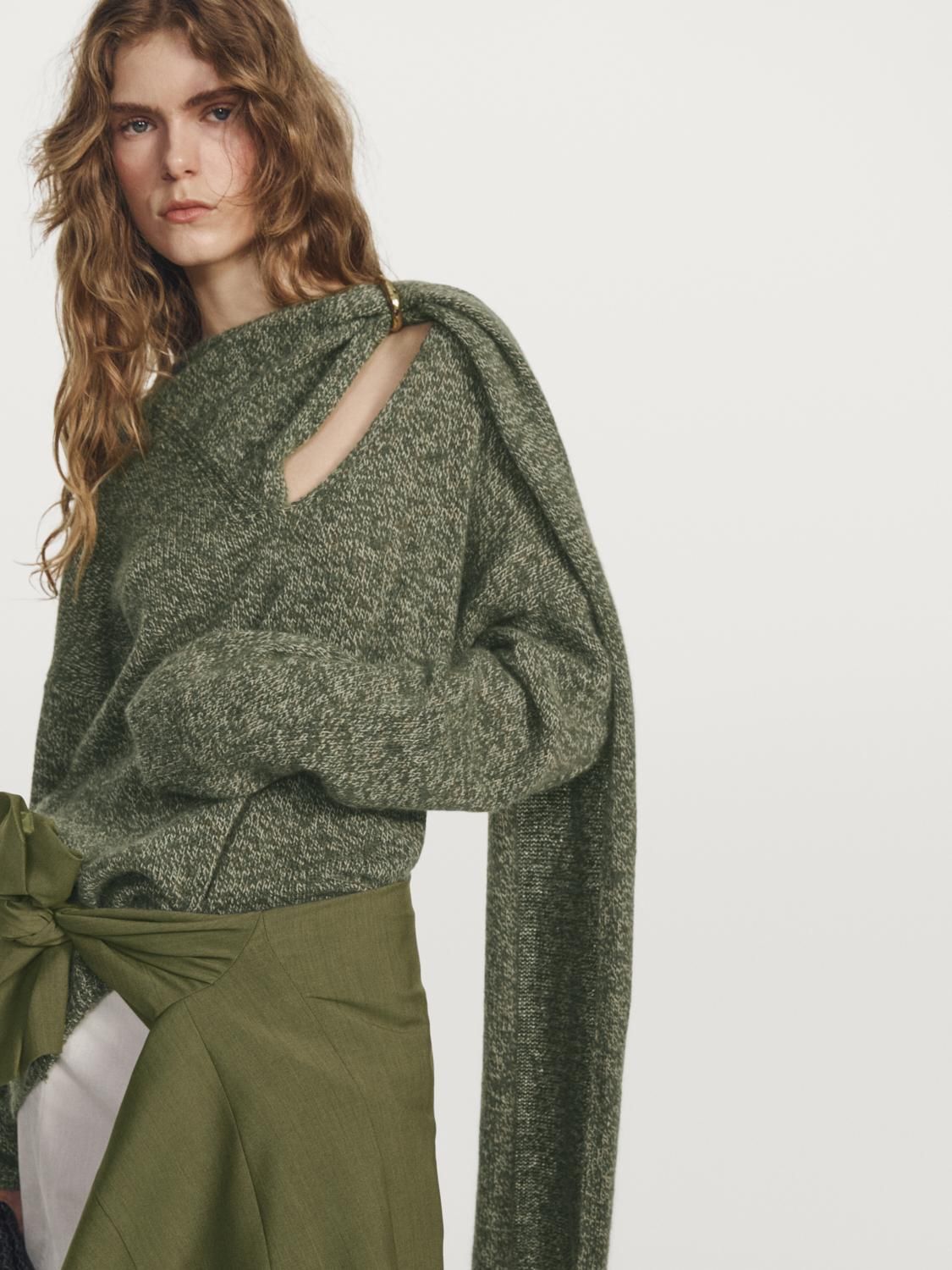 마시모두띠 브이넥 와이드핏 스카프 플렉트 니트 스웨터 9703/953 MOSS GREEN - 상세 이미지 3