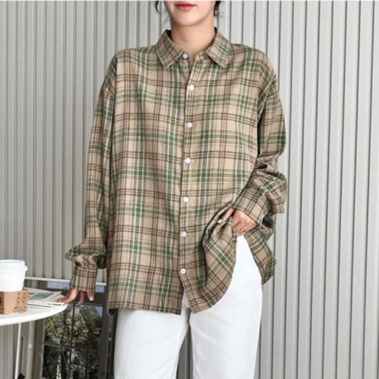 셔츠 남방 체크 긴팔 가을 여성 루즈핏 캐주얼 - 메인 이미지