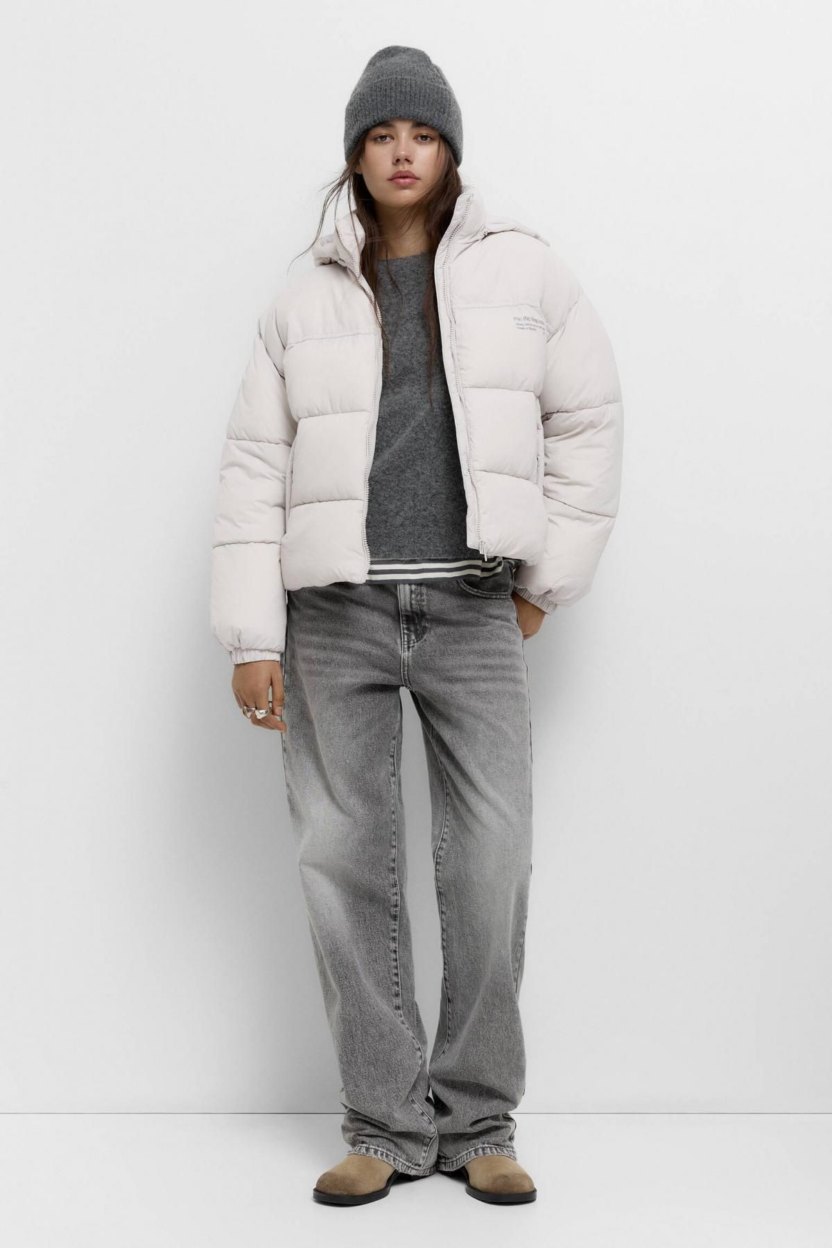 풀앤베어 하이넥 로고 화이트 후드 패딩 재킷 7700/332 PALE STONE GREY - 상세 이미지 4