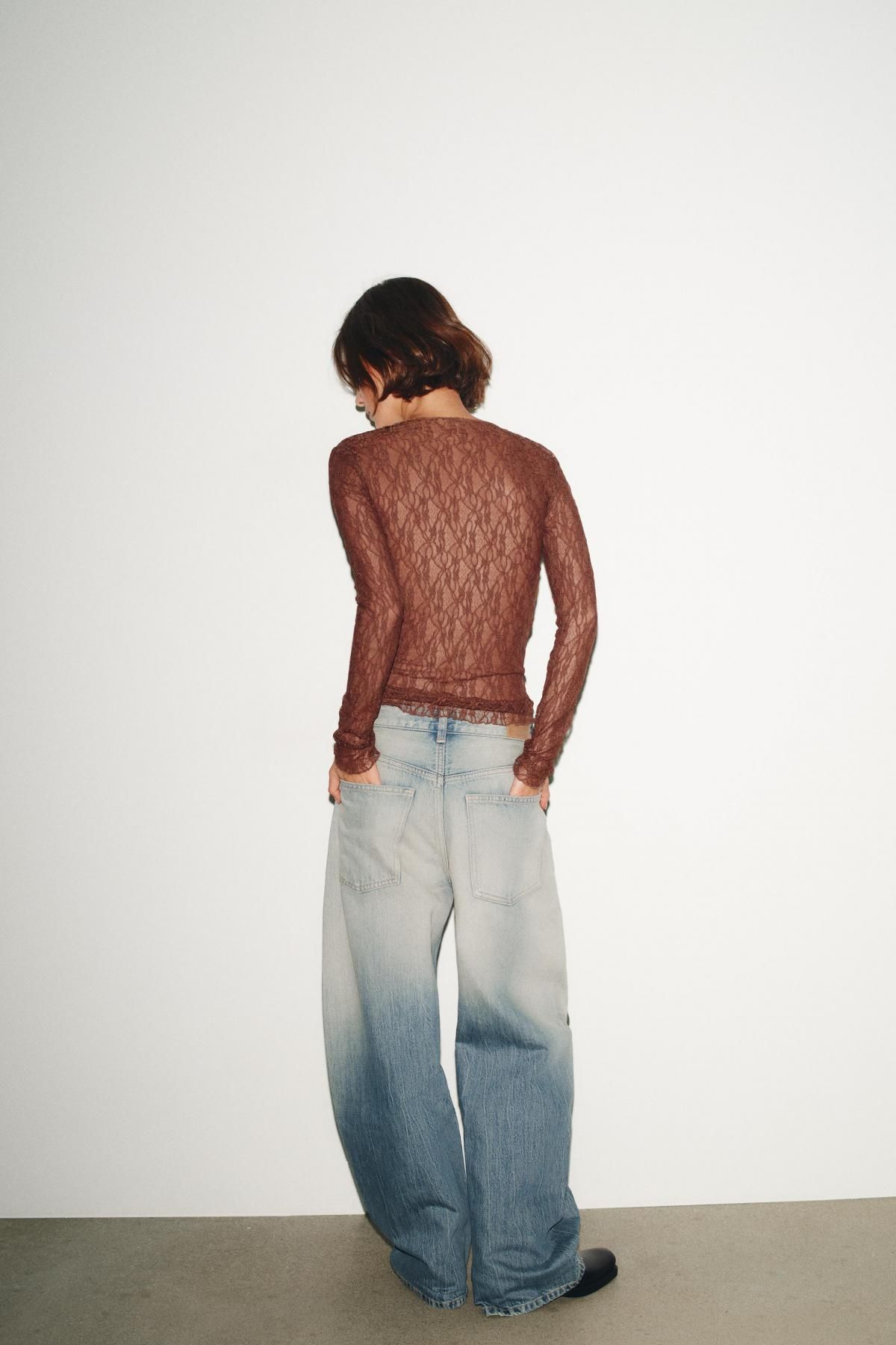 자라 레이스 페미닌 라운드넥 긴팔 탑 3641/874 BROWN MARL - 상세 이미지 5