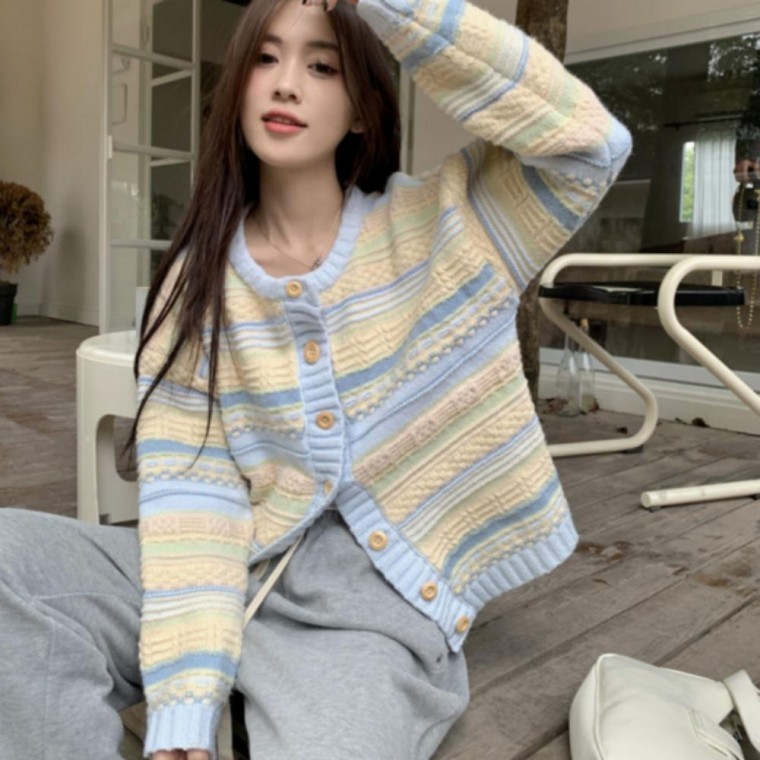스트라이프 배색 파스텔 라운드넥 여성 가디건 긴팔가디건 - 메인 이미지