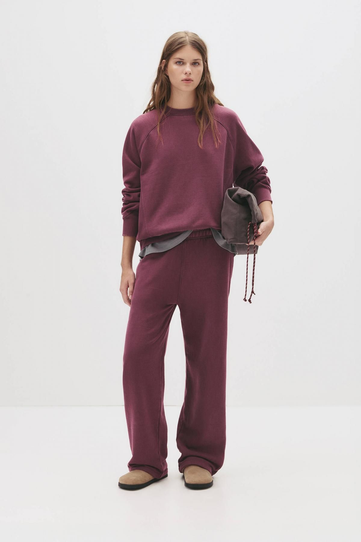 풀앤베어 스트라이프 밴딩 포켓 와이드 스웨트 팬츠 7675/372 AUBERGINE - 상세 이미지 2
