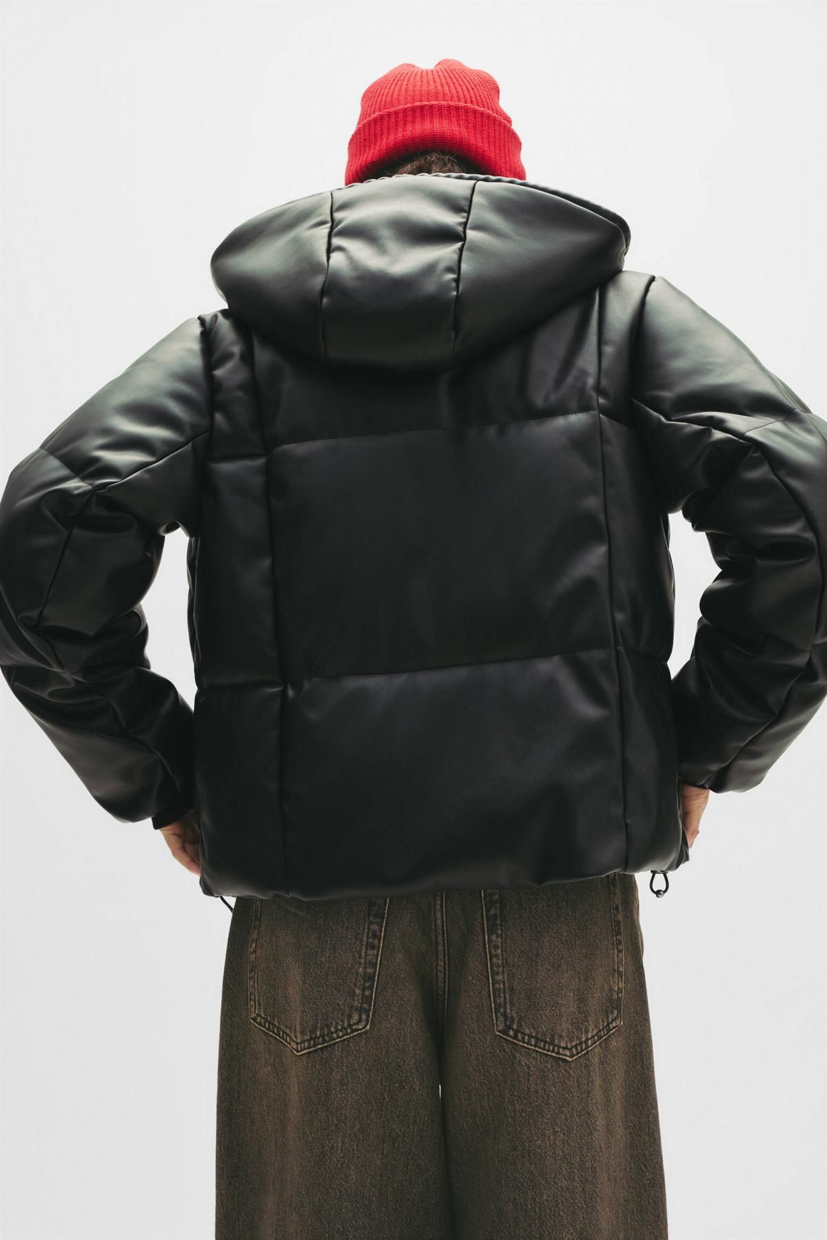 풀앤베어 레더 이펙트 블랙 후드 집업 패딩 점퍼 7701/330 BLACK 이미지 6