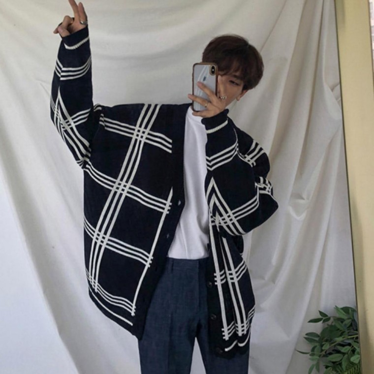 오버핏 가디건 남성 니트 체크 가을 데일리 가디건자켓 - 메인 이미지