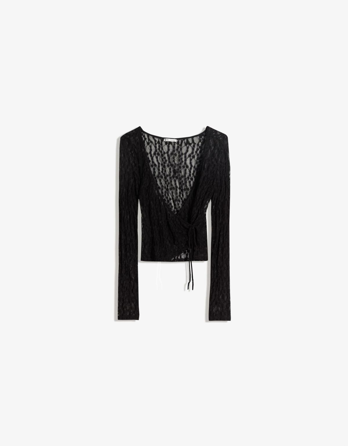 버쉬카 시스루 레이스 브이넥 매듭 블랙 긴팔 티셔츠 7654/360 BLACK - 상세 이미지 2