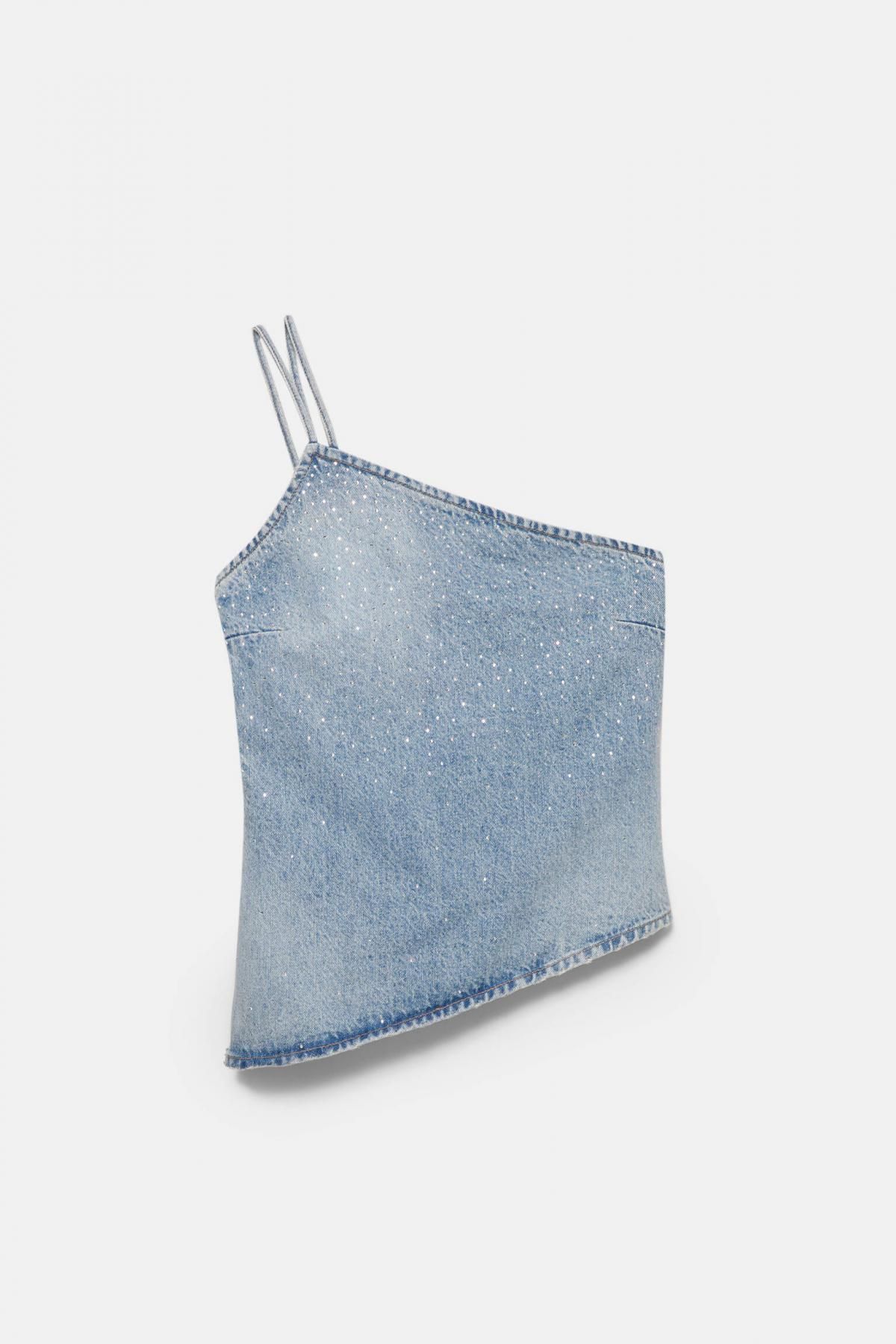 풀앤베어 글리터 데님 비대칭 민소매 탑 7472/397 PALE BLUE - 메인 이미지