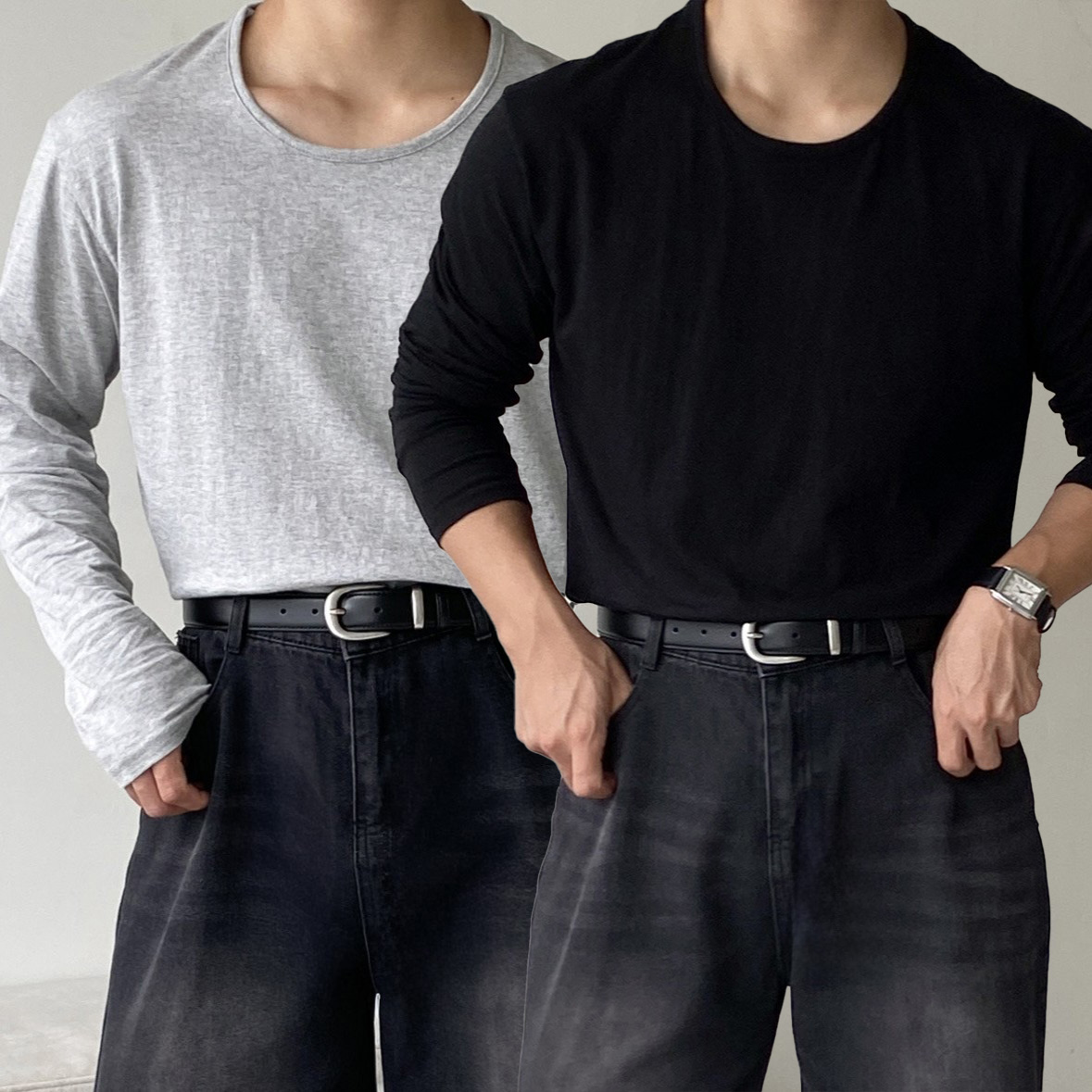 1+1 남자롱슬리브 남자흰티 남성롱슬리브 흰색면티 쭉티 목안늘어나는티 - 메인 이미지