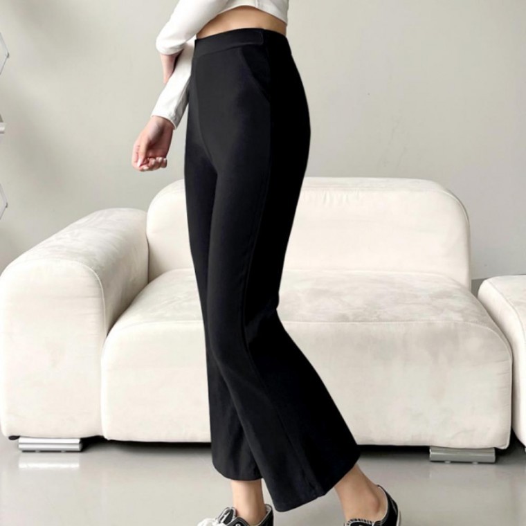 부츠컷 스판 슬랙스 크롭 허리밴딩 나팔바지 부츠컷바지 - 상품 이미지