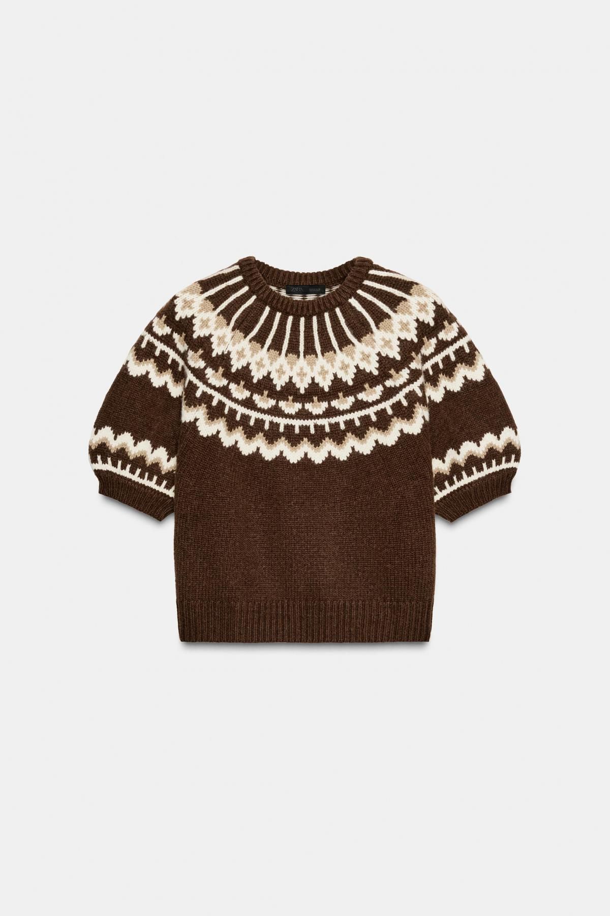 자라 라운드넥 반팔 자카드 니트 스웨터 3920/089 BROWN / ECRU - 상품 이미지