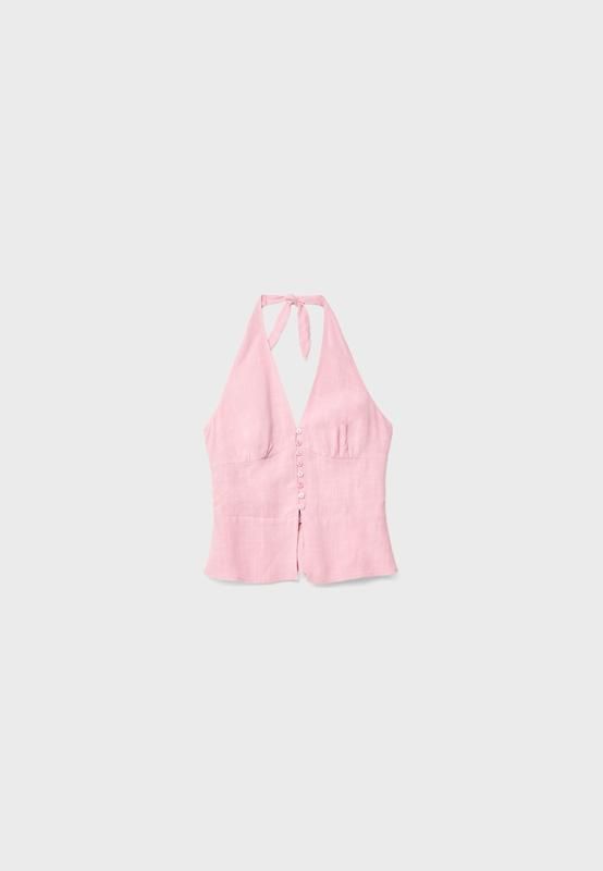 스트라디바리우스 린넨블렌드 페미닌 홀터넥 버튼업 민소매 탑 2022/589 PASTEL PINK - 메인 이미지