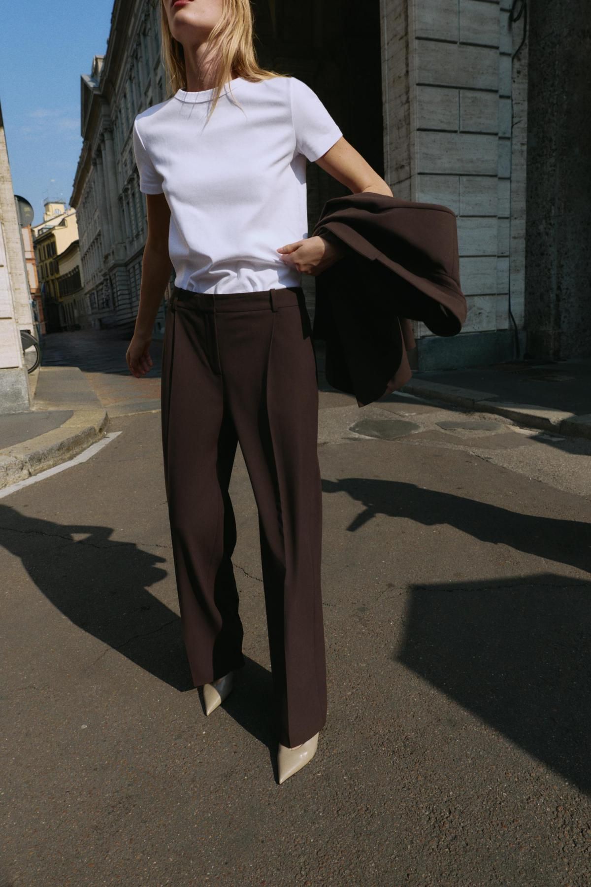 자라 하이웨이스트 스트레이트 플리츠 슬랙스 팬츠 8758/513 BROWN - 상세 이미지 5