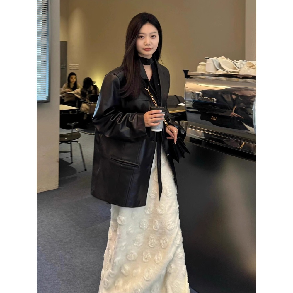 가을 여성 블랙 PU 레더 블레이저 싱글 자켓 - 상세 이미지 5