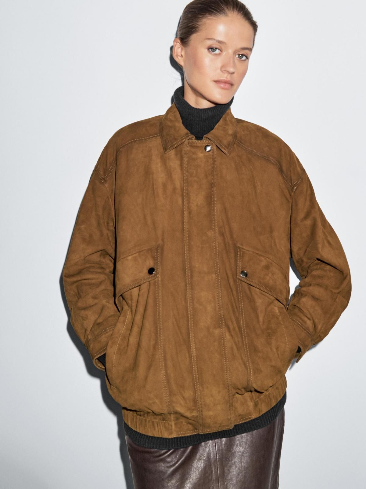 마시모두띠 프리미엄 스웨이드 레더 포켓 봄버 재킷 4760/620 BROWN - 상세 이미지 5
