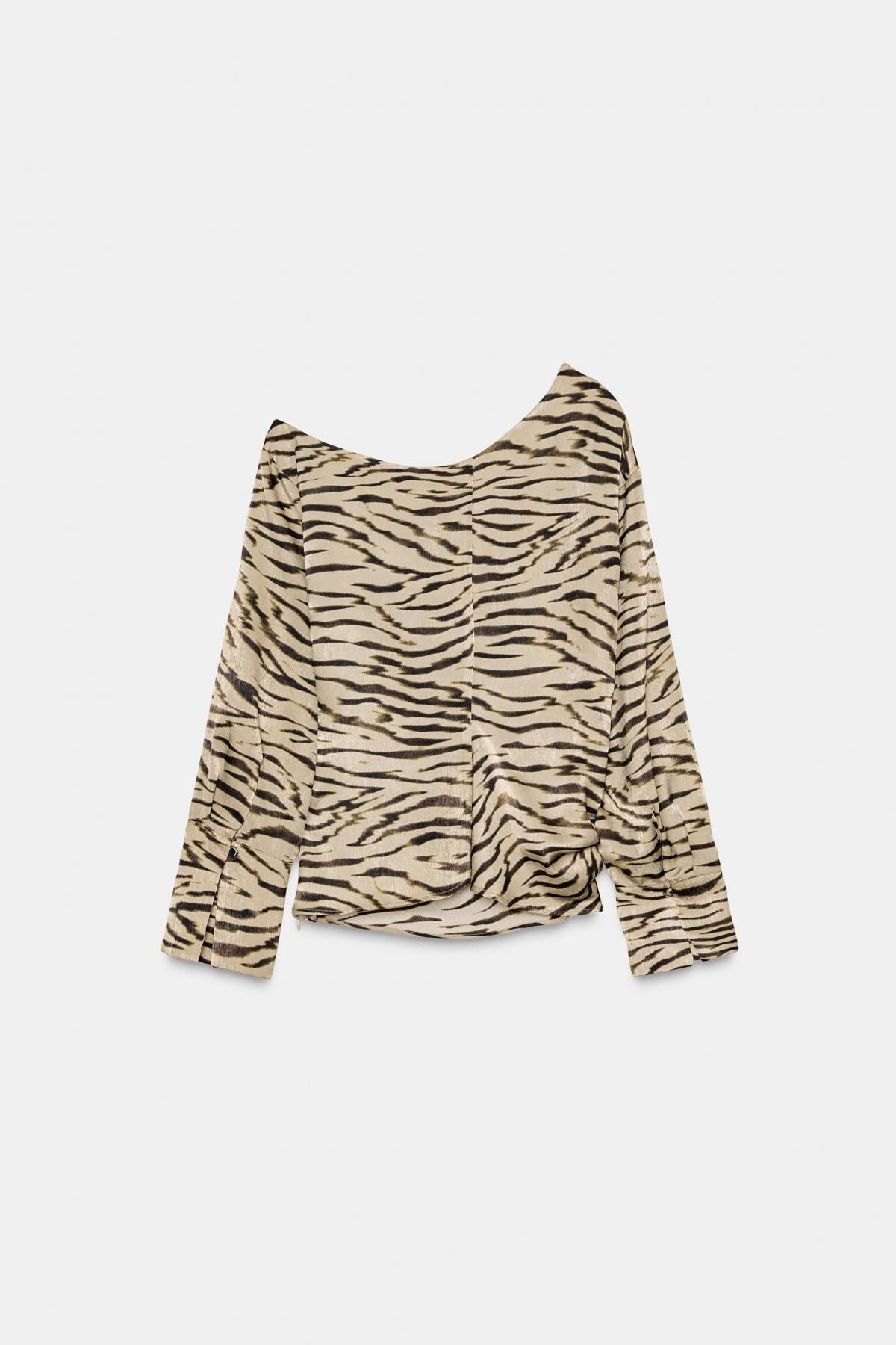 자라 애니멀 프린트 비대칭넥 긴팔 탑 9075/211 LIGHT KHAKI - 상세 이미지 4