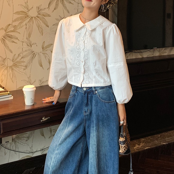 펀칭 둥근카라 퍼프소매긴팔블라우스 꽃패턴 크롭 로맨틱 프렌치 감성 디자인 순면 화이트 - 상품 이미지