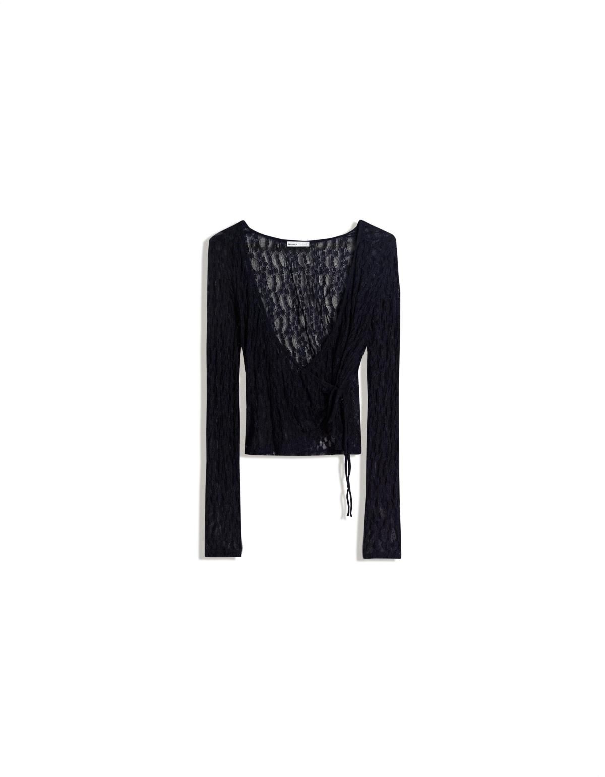 버쉬카 레이스 시스루 매듭 크롭 긴팔 티셔츠 7654/360 NAVY - 상품 이미지