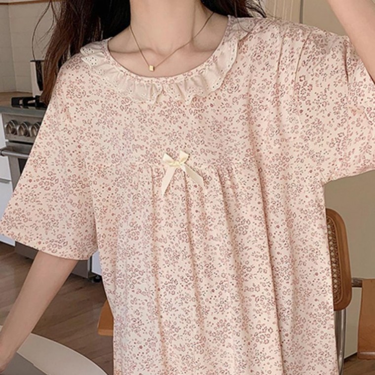 원피스 잠옷 여름 파자마 홈웨어 드레스 반팔 잔꽃 - 상품 이미지