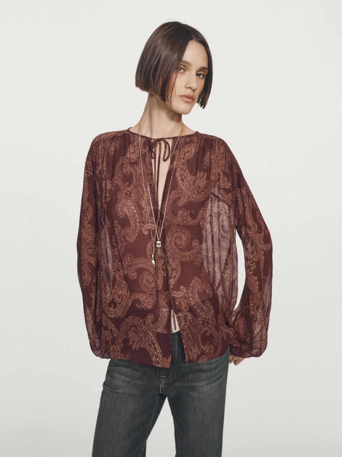 마시모두띠 페이즐리 프린트 시스루 브라운 블라우스 5225/805 BURGUNDY - 상세 이미지 3