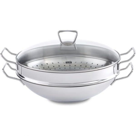 [해외]FIssler 휘슬러 쿤밍(FIssler KunmIng) - 스테인리스 스틸 웍(Ø 36 cm) 대형 비코팅 웍 팬, 유리 뚜껑이 있는 아시아 그리드 인서트 포함, 모든 유