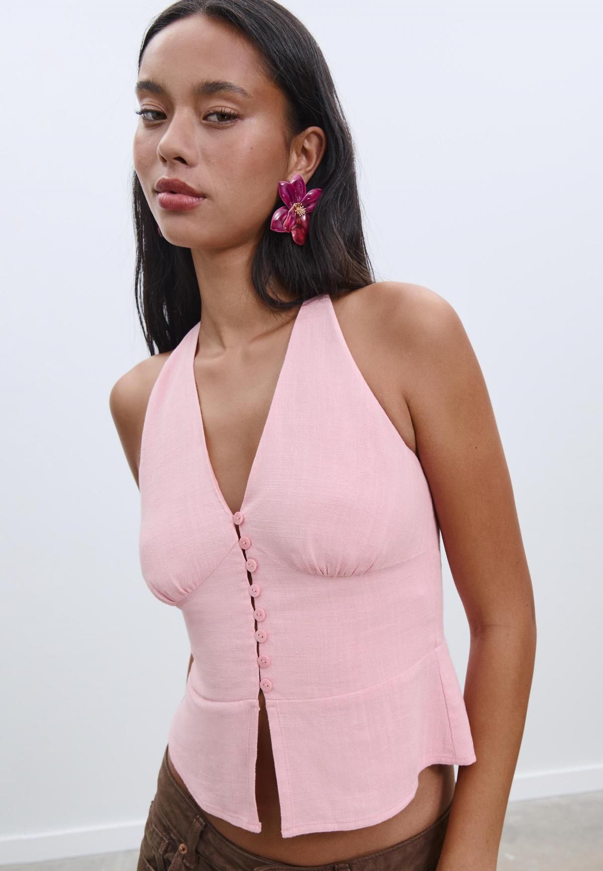 스트라디바리우스 린넨블렌드 페미닌 홀터넥 버튼업 민소매 탑 2022/589 PASTEL PINK - 상세 이미지 4