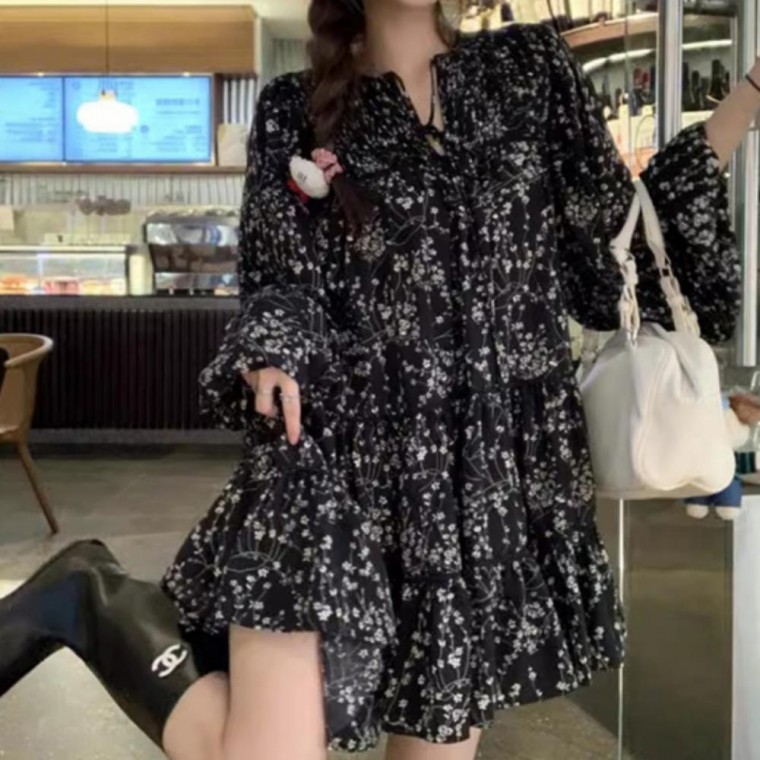 미니 원피스 플라워 캉캉 퍼프원피스 쉬폰원 블랙 - 상품 이미지