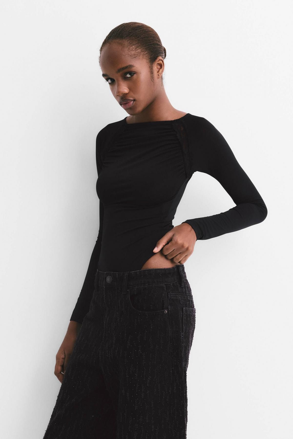 풀앤베어 레이스 시크 블랙 롱슬리브 바디수트 7150/436 BLACK - 상세 이미지 2