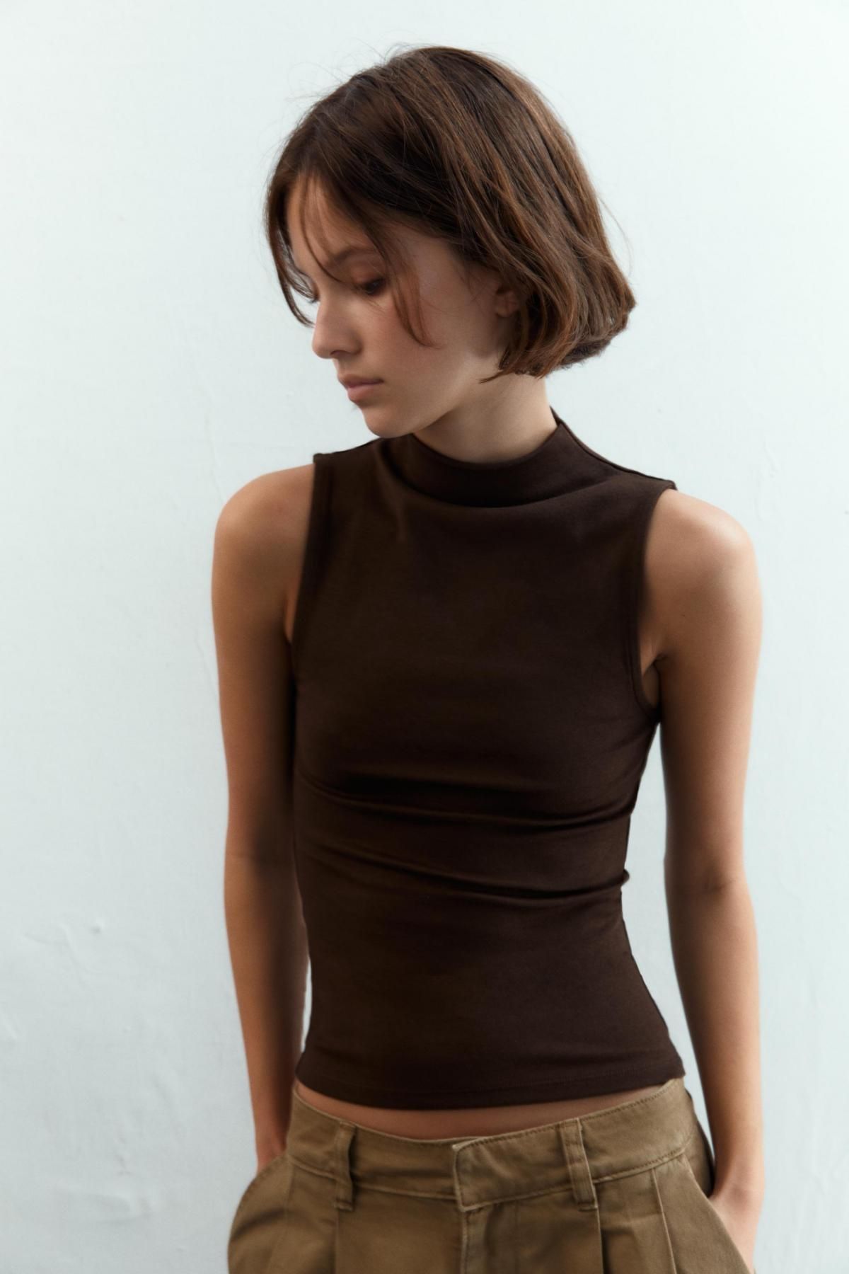 자라 모달 코튼 하이넥 민소매 티셔츠 3641/871 BROWN - 상세 이미지 3