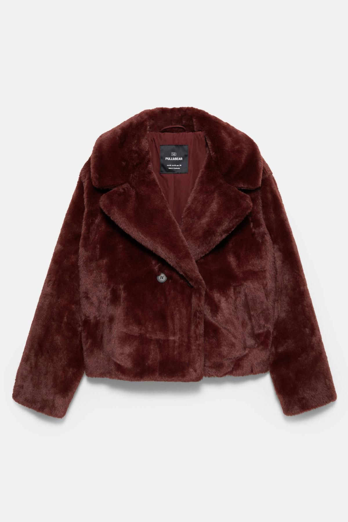 풀앤베어 페이크 퍼 트렌디 브라운 버튼 숏코트 7800/306 BURGUNDY - 메인 이미지
