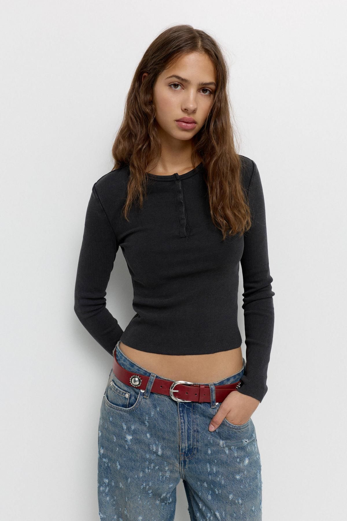 풀앤베어 베이직 스트레치 코튼 헨리넥 긴팔 티셔츠 7152/330 ANTHRACITE GREY - 상세 이미지 3