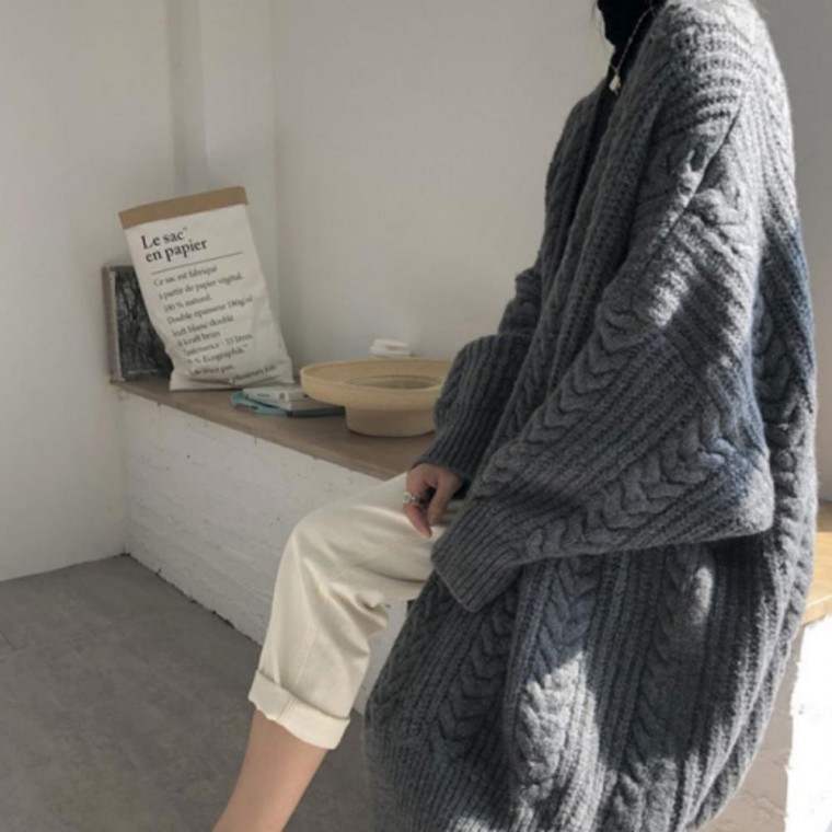 꽈배기 가디건 루즈핏 와이드 로브 롱 여자가디건 - 메인 이미지